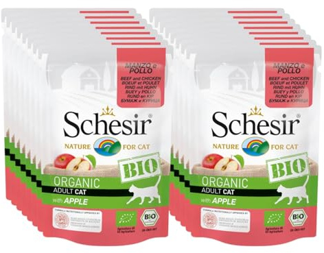Schesir BIO, Alimento Umido Completo per Gatti, Patè di Manzo e Pollo con Mela, Senza Cereali, in Busta, Gluten Free, 16 x 85 g