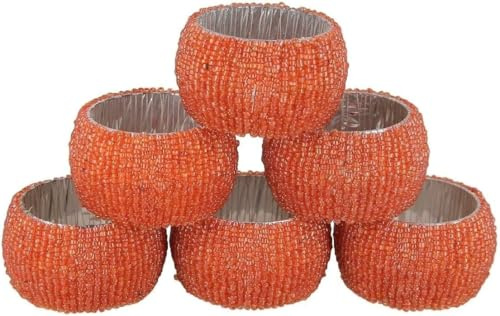 Orange Beaded Napkin Rings Set of 6 – Luxury Decorative Napkin Holders for Dining Table, Wedding, Party & Festive Table Decor – Elegant Handmade Bead Design, Durable & Reusable