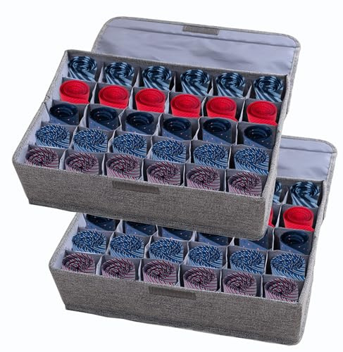 AARAINBOW Stoff Schublade Organizer mit Deckel 2er Set, Faltbar Unterwäsche Organizer Stoffboxen Aufbewahrung für Socken, 30 Fächer Organizer für Krawatten Schubladen Organizer Kleidung Boxen（2 Grau）