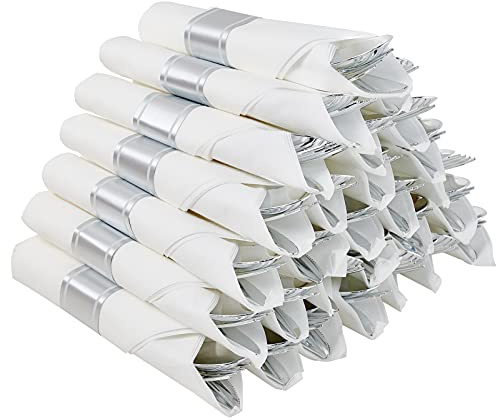 30 Pack Pre Rolled Silver Plastic Silverware, Disposable Cutlery Set- 30 Forks, 30 Spoons, 30 Knives, 30 Napkins, Disposable Heavy Duty Silverware Set for Dinner, Party, Wedding