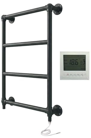 Traditional Black Electric Heated Towel Rail 470mm W x 740mm H + Timer | Ball Jointed, Includes 7 Day Timer/Thermostat, Matt Black Finish, Bathroom, Towel Radiator, Brass