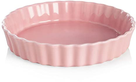 Sweejar Ceramic Pie Pan for Baking, 9.5 Inches Round Wavelet Fringe Pie Dish, Non-Stick Pie Plate for Pumpkin Pie, Apple Pie, Pie Pots (Pink)