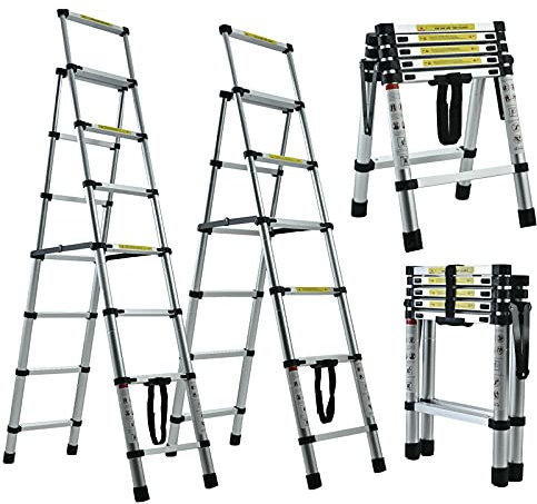 6+7 Step Ladder Telescopic Folding Stepladder Heavy Duty Aluminium Portable Tread Ladders 330lbs Capacity Anti Slip Rubber Feet EN131 Safety for Home Garden Office Garage