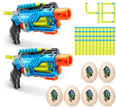 X-Shot Dino Attack Dino Striker Schaumstoffdart-Blaster 2er Pack (6 mittlere Dino-Eier, 48 Darts)