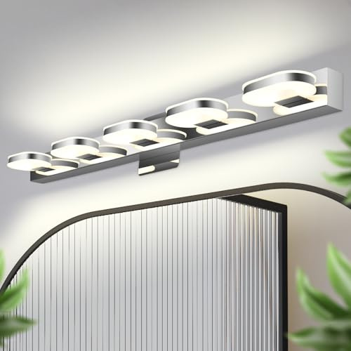 Myhaptim Modern LED 5 Lights Vanity Light for Bathroom Modern Vanity Light Fixture Wall Sconce 33 Inch Natural White Light (Chrome)