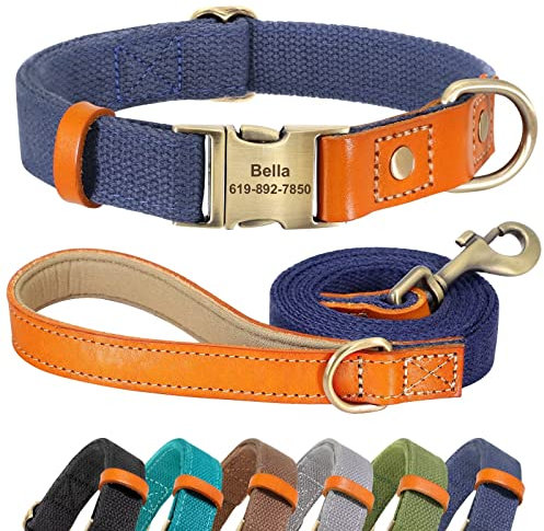 Didog Personalisiertes Hundehalsband und 1,5 m Leinen-Set für kleine, mittelgroße und große Hunde, langlebige Hundehalsbänder, verstellbar mit gravierter Metallschnalle, marineblau, Set, Größe M