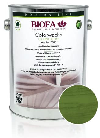 BIOFA Colorwachs lösemittelfrei farbig natürliche Holz-Wachs-Lasur mit Carnaubawachs für Holzdecken, Möbel, Spielzeug Moosgrün 2,5L