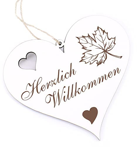 Herzlich Willkommen Schild - Eichenblatt - Deko Herz Holz Willkommensschild Türschild Dekoschild Türdeko