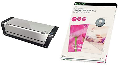 Leitz A3 Laminiergerät Touch Turbo Pro & Heißlaminierfolien A3 125 mic, Laminierfolien in Premium-Qualität im 100er Pack, Glänzend, Transparent, Vereinfachtes Einlegen durch UDT, iLAM, 74880000