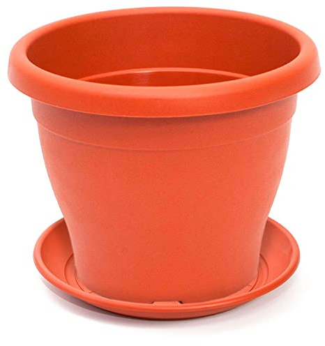 Acan Tradineur - Maceta con Plato Tipo mediterránea, 40 cm de diámetro, Ideal Tanto para Interior como Exterior. Jardinera Alta con Agujeros para drenar Agua, Color Marrón