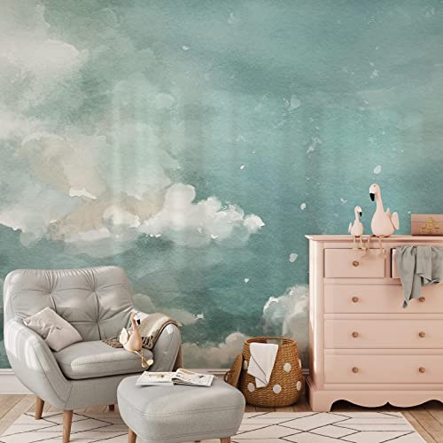 Coloritto Cloudy Sky Wallpaper | Removable Self Adhesive Pastel Blue Nursery Wallpaper | Vintage Clouds Peel and Stick Wallpaper (Sample 12 W x 8 H)