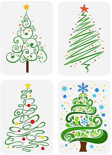 FINGERINSPIRE 4 Stück Weihnachtsbaum Schablonen 29.7x21 cm Weihnachtsthema Vorlage Kunststoff Baum Sterne Schneeflocken Muster Vorlage Wiederverwendbare Schablonen Für Weihnachten Wanddekoration