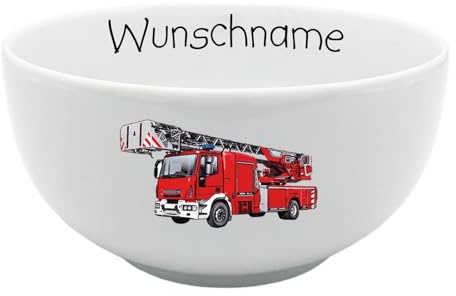 Doriantrade Müslischale Kinder Porridge Schale Porzellan Feuerwehr personalisierbar mit Wunschname Name Kindergeschirr mit Namen personalisiert