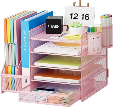 Marbrasse Skrivbordsorganisatör med filhållare,5 nivåer brevfack papper med låda och 2 pennhållare,skrivbord nät,förvaringsfack,organisatör för kontorsbehov (Rosa)