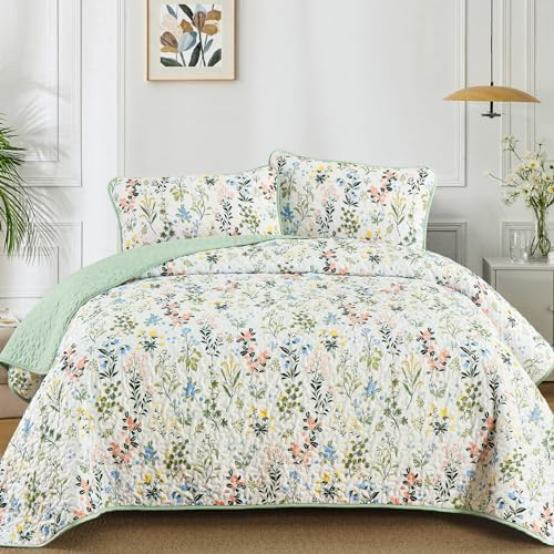 Anibedding Floral Quilt Set King Size,3 Pieces Green Flower Parrten Bedspread Coverlet,Garden Style Soft Lightweight Micorfiber Bedding Set with 2 Pillowcases for All Seaaon (104×90,Green)