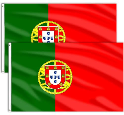 2 Piezas Bandera de Portugal 90cm x 150cm.Bandera Portuguesa con 2 Ojales de Metal. Color Vivo Bandera Nacional Portuguesa.Portugal Flag para el Festival Europeo de Fútbol Decoración de Interiore
