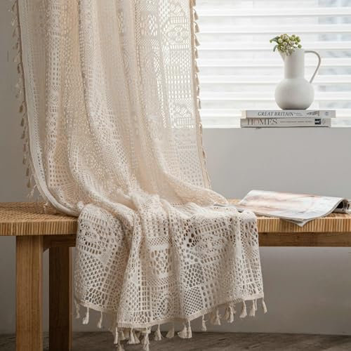 Daesar Gardinen Halbtransparent mit Haken, Vorhänge Lichtdurchlässig 2er Set 150x280CM Landhausstil mit Geometrie Motiv Beige Vorhänge Wohnzimmer Küche