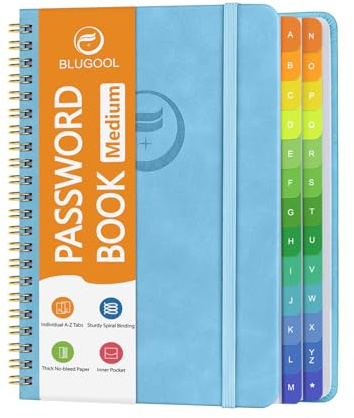 Blugool Passwortbuch mit bunten alphabetischen Tabs, Passwort-Aufbewahrungsbuch für Senioren, Passwort-Notizbuch mit Spiralbindung für Website-Anmeldungen (Password Book), 14,5cm x 19,6 cm, Blau