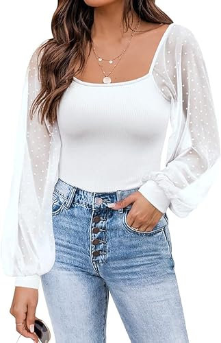 Timuspo White Shirts for Women Spring Summer Off Shoulder Tops Puff Mesh Long Sleeve Top Ribbed Knit Tshirts S