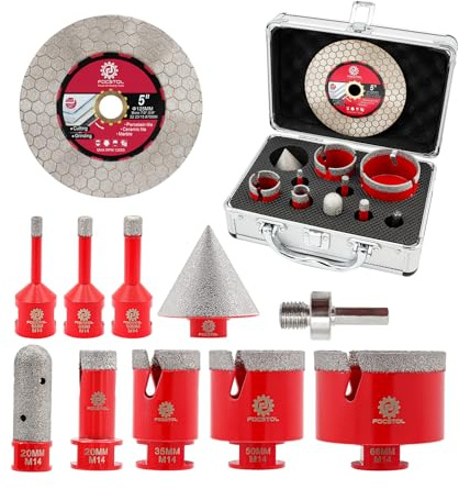 Diamant Fliesenbohrer Set - FOCSTOL Diamant Lochsäge Set für Porzellan Keramik Fliesen Marmor Granit 10 Stück (6/8/10/20/35/50/68mm+20mm Fingerfräser+50mm Fasenbohrer+Adapter+125mm Trennscheibe)