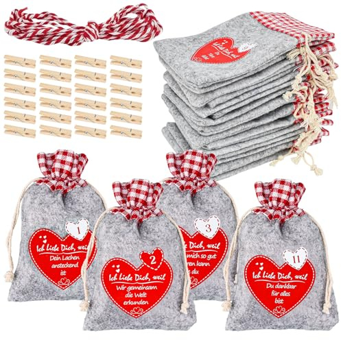 HEKOBAG 24 Stück Adventskalender zum Selbst Befüllen Weihnachtskalender Säckchen Stoff Adventskalender Stoffbeutel Jutebeutel 10 * 15cm Adventskalender Stofftüten mit Holzklammern Schnur für Frauen