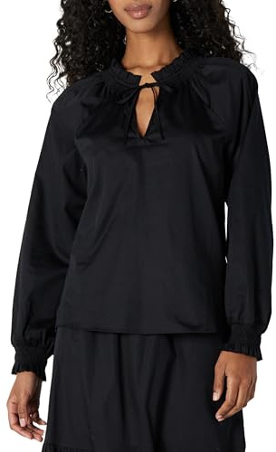 Amazon Essentials Chemisier en Satin de Coton à Col Volanté, Coupe Décontractée Femme, Noir, L