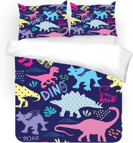 Generisch Kinderbettwäsche 135x200cm Jungen Dinosaurier Bettbezug Set 3 Teilig Buntes Cartoon-Caron Microfaser Einzelbett 3D Motiv Luxus Modern mit Reißverschluss und 2 Kissenbezüge 80 x 80cm