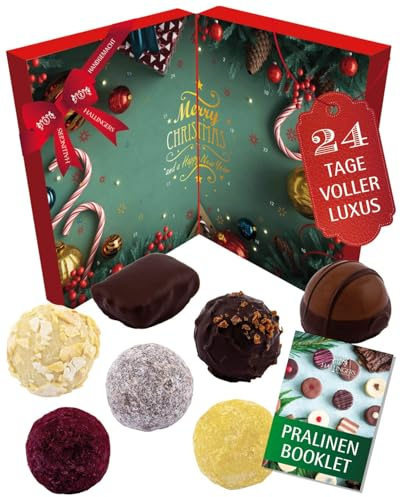 Hallingers Genuss Manufaktur Vegane Pralinen Adventskalender - mit & ohne Alkohol, handmade aus Confiserie-Edelkakao in wertigem Softfeel-Karton Sweet Christmas, Weihnachtskalender für Frauen Männer