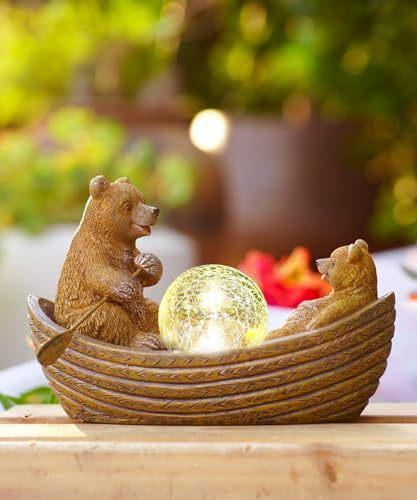 Goodeco Solar Gartenfigur: Zwei Braunbären im Ruderboot mit integriertem Solarball | Wetterfeste Gartendekoration für Terrasse & Rasen | Kreatives Geschenk für Frauen, Omas (Muttertag/Geburtstag)