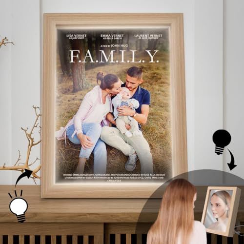 PICTALIA - Leuchtender Foto-Rahmenspiegel personalisiert - Erstellen Sie ein Filmplakat mit Ihrem Foto und anpassbarem Text, Geschenk für Mama, Muttertag Geschenk für Frau, Holz-Fotorahmen, Dekoration