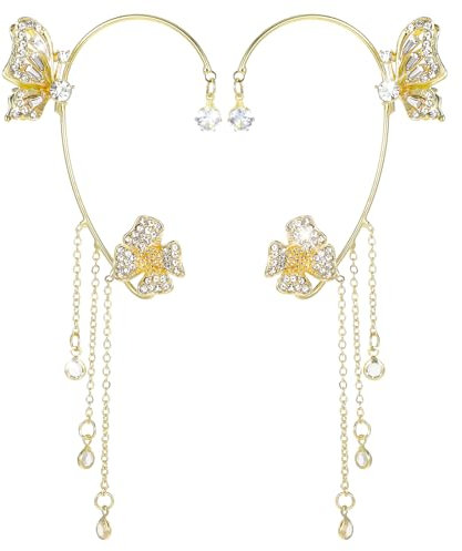 Butterfly Tassel Ear Cuffs for Women Cubic Zirconia Butterfly Flower Ear Cuff No Piercing Sparkling Rhinestone Clip on Earrings Wrap Around Fake Earrings for Women Girls (Gold)