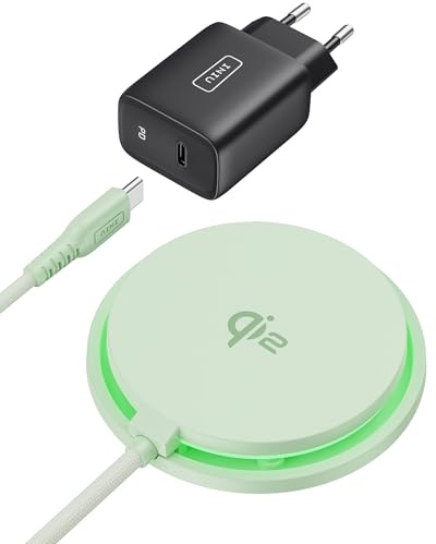 INIU Induktionsladdare iPhone ljusgrön, 15 W Qi2 certifierad snabbladdare kompatibel med laddare, trådlös laddare för iPhone 16 Pro 15 14 13 12 Plus, med USB-C-kabel och adapter ingår