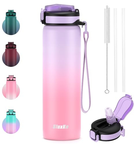 SLUXKE Gourde isotherme en acier inoxydable 700 ml avec paille - Sans BPA - Anti-fuite - Pour enfants, pour le sport, l'école, le fitness