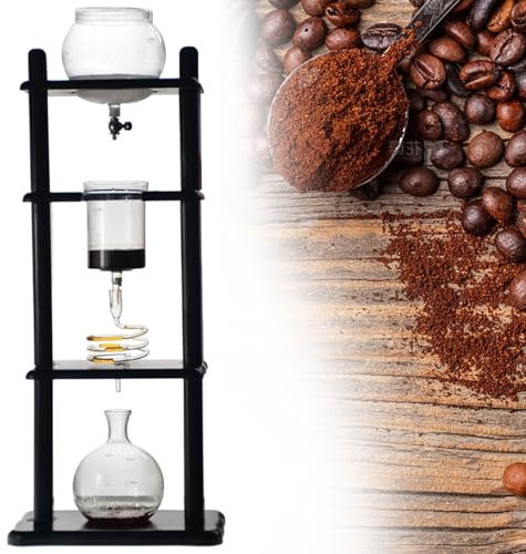 Cold Brew Drip Tower Reusable Glass Iced Coffee Maker Filtering Vertical Glass Container And Wood Stand 5-8 Cups, Reusable Transparent Ice Cold Brew Dripper For Commercial Office