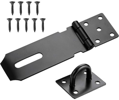 1 PCS 4 Inch Shed Door Latch Gate Lock Latch Hinge Padlock Catch Door Clasp Latch Security Hasp,hasp and Staple,Door Padlock Buckle for Doors, Windows, cabinets, pet Cages, lockers Etc(Black)