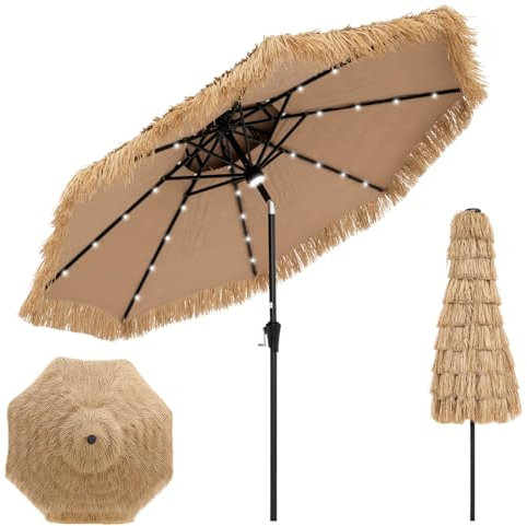 RELAX4LIFE Parasol Hawaïen Tropical LED Φ308 en Paille avec 8 Baleines, Double Toit Inclinable Manivelle, Plage, Jardin, Patio, Piscine et Extérieur (LED Φ290 x 256cm)