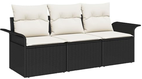 vidaXL Soffset med kudde 3 pcs Svart konstrotting, Modern modulkampanjsoffa, lätt rattansoffa, UV-resistent utomhusmöbel, stiliga terassmöbler