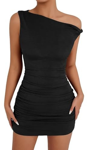 Sukiglam Sexig Asymmetrisk One-Shoulder Tubklänning Kort Elegant Ärmlös Mini Aftonklänning Sommar Bodycon Kurviga Kurviga Kurviga Klänningar Cocktailparty Nattklubb, Svart, L