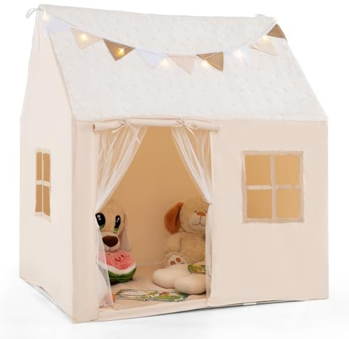 COSTWAY Kids Play Tent, Glow in the Dark Playhouse with Padded Mat, Star String Lights, Flags, Indoor Large Castle Fairy Tents for Boys Girls (Beige)