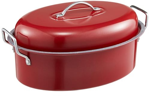 HONGBAKE 18 Inch Turkey Roasting Pan with Rack and Lid – Large Red Carbon Steel Roaster Pan for 20 lb Turkey, Oven Safe Baking Pan for Holiday Meals & Thanksgiving