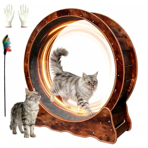 ZooVibe 35.4 Inch Cat Exercise Wheel - Wooden Low Noise Cat Treadmill for Indoor Cats, Detachable Carpet & Enhanced Base for Fitness, Weight Loss Size M Brown