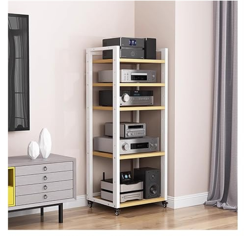 5-Tier HiFi Audio Rack - Modern Stereo Component Stand Cabinet Media Unit for Turntable & Record Storage Tall Entertainment Center Beige AV Cabinet