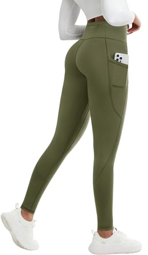 PASUDA Womens Fleece Lined Thermal Leggings Winter High Waisted Warm Yoga Pants Stretch Soft Comfort Gym Workout Running Trousers Hiking Fitness Sports Tights with Pockets (Army Green, S)