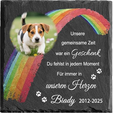 MOMGEGE Personalisierter Tiergrabstein aus Schiefer mit Foto und Text – Grabstein Hund oder Katze, Gedenkstein für Garten und Zuhause – Trauergeschenk bei Tierverlust (019)