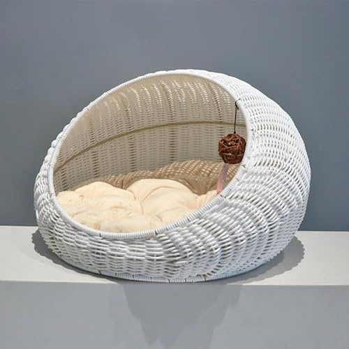 Willow Animal House, Cute Cat Nest Hand-Woven Cat Dog Bed Cat Storage with Cushion, Animal Basket (50 x 40 cm, H35)