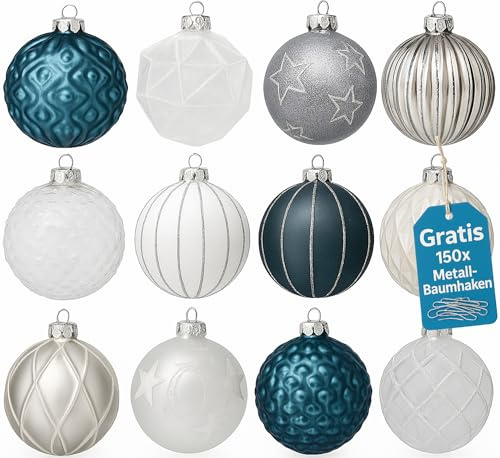 Weihnachtskugeln Glas 12er Set – Premium Christbaumkugeln 8 cm Handbemalt Glaskugeln für Weihnachtsbaum Adventskranz + Inkl. 150 Metall-Baumhaken - Set F8