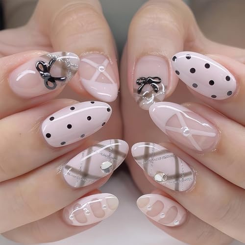 Auroriel 24 Piece Almond French Tip Press On Nails Pink Dots Design Bow Charm Full Cover Naturally Glossy Acrylic Artificial Nails for Women Girls Nail Decor