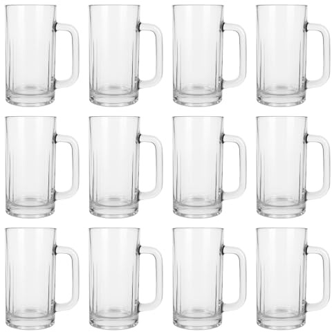 Argon Tableware 540ml Glass Pint Beer Mug Tankards with Handle - Set of 12 | Heavy Duty Large Classic German Stein Tankard Pint Glasses Birthday Fathers Day Gift Drinking Cup Set for Craft Ale, Lager