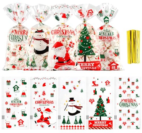Zellophanbeutel für Weihnachten, 100 Stück, 13 x 27 cm, transparent, Kunststoff, Weihnachts-Leckereien, Geschenkbeutel, Snack-Tasche mit 100 Stück Bindebändern für Weihnachtsgeschenke, Partyzubehör