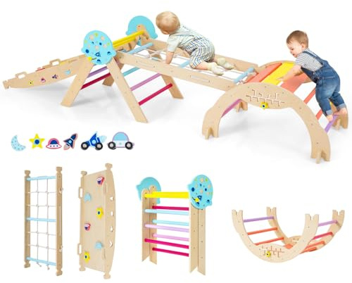 DREAMADE 9-in-1 Montessori Kletterdreieck Set, Kletterbogen aus Holz mit Netz für Kleinkinder ab 1 Jahre, Kletterspielzeug, Indoor Klettergerüst für Kinderzimmer (Bunt,Astronaut-4er Set)